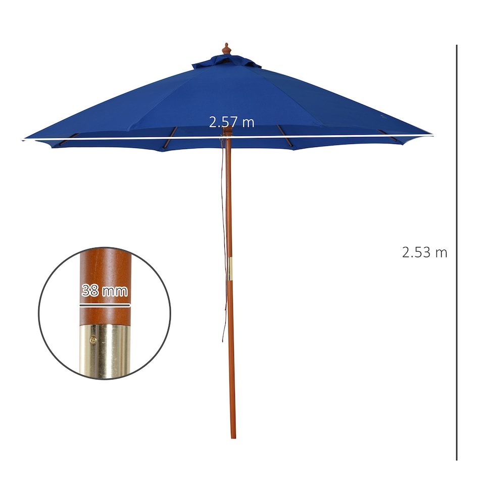 image 1 of Outsunny 2.5m Wooden Garden Parasol Outdoor Umbrella Canopy w/ Vent Blue