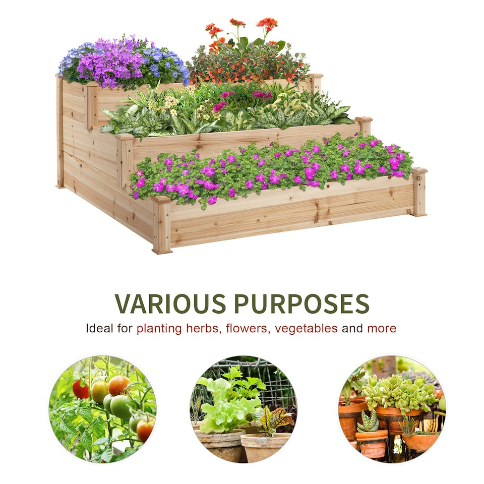 image 1 of Outsunny Wooden Raised Bed 3-Tier Planter Kit Elevated Plant Box 124x124x56cm