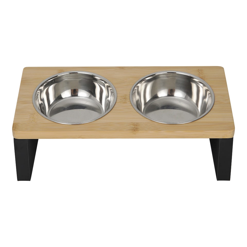 image 1 of Living and Home Elevated Dual-Bowl Pet Feeder with 10° Tilt – Stainless Steel Bowls | Brown | Grey | 33cm W x 16cm D x 12cm H | 1