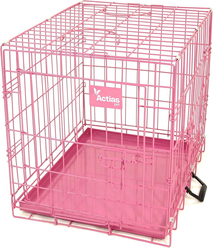 image 1 of Actiaspet Pink Foldable Metal Dog Cage Crate with Removable Tray (Pink, Large)