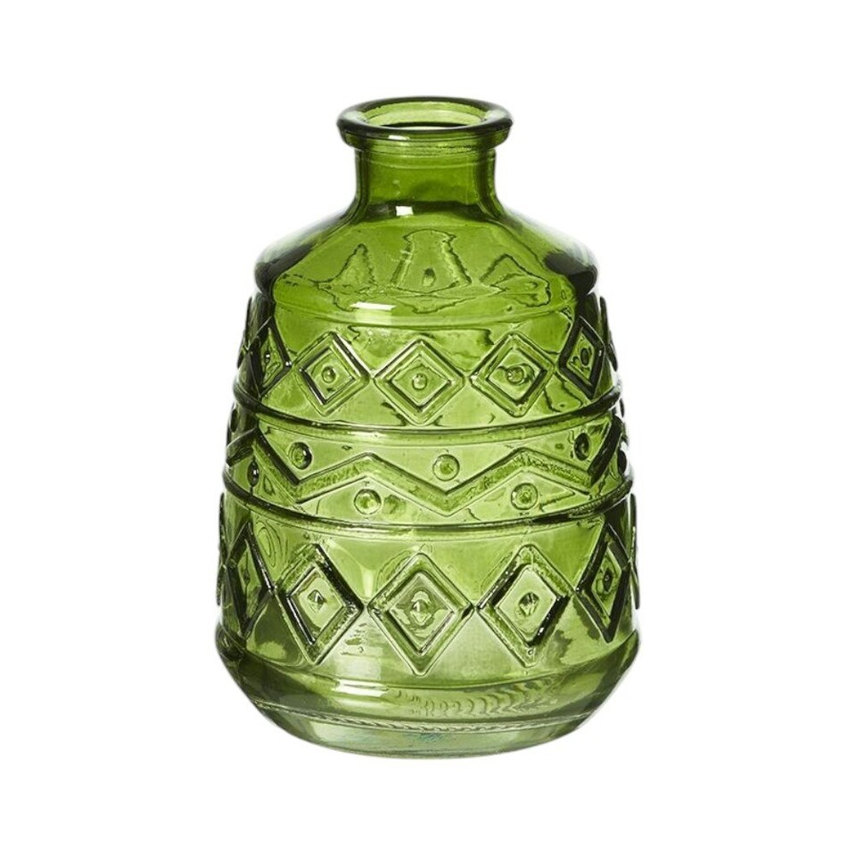 image 1 of Green Glass Aztec Pattern Bottle Vase - H15cm