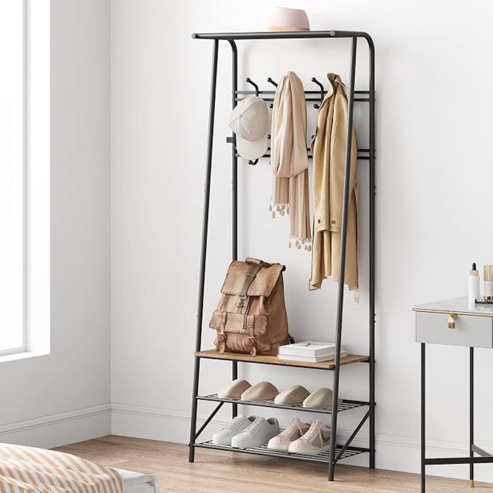 image 1 of London Boutique 4-in-1 Hall Tree with Bench and Shoe Rack, Double Coat Hooks, 60cm