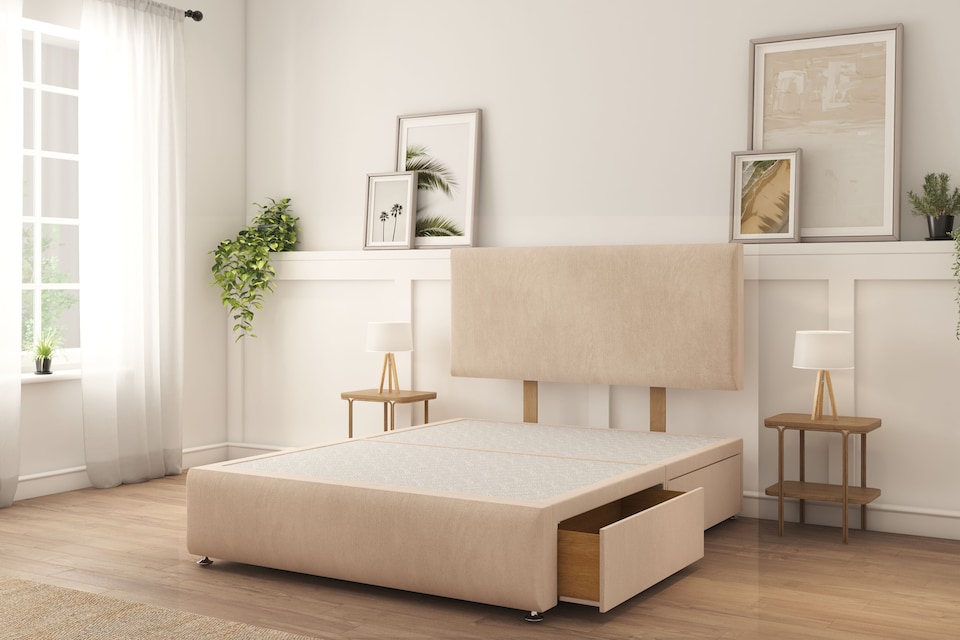 image 1 of Sloomy Rutherford Sand Naples Divan Bed With Mattress 2 Drawers Left 26" Strutted Headboard & 12" Footboard 6' Super King