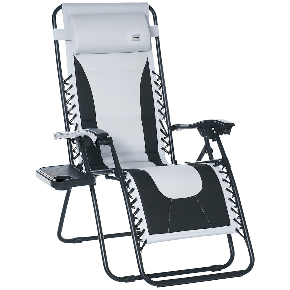 image 1 of Outsunny Zero Gravity Lounger Chair, Folding Reclining Patio Chair with Padded Seat, Cup Holder, Soft Cushion and Headrest for Poolside, Camping, Light Grey