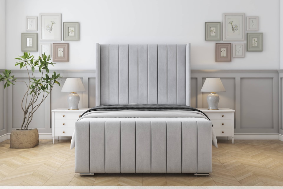 image 1 of Sloomy Melbourne Silver Naples Bed Frame With Mattress  With 50" Upholstered Wingback Headboard 5' King