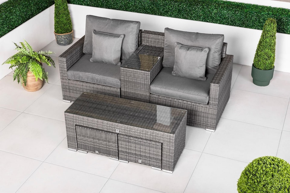 image 1 of Havana 2 Seat Modular Sofa Rattan Garden Balcony Furniture Set Outdoor Drinks Cooler Table, Coffee Table & Stools | Grey | Grey | Two Seater