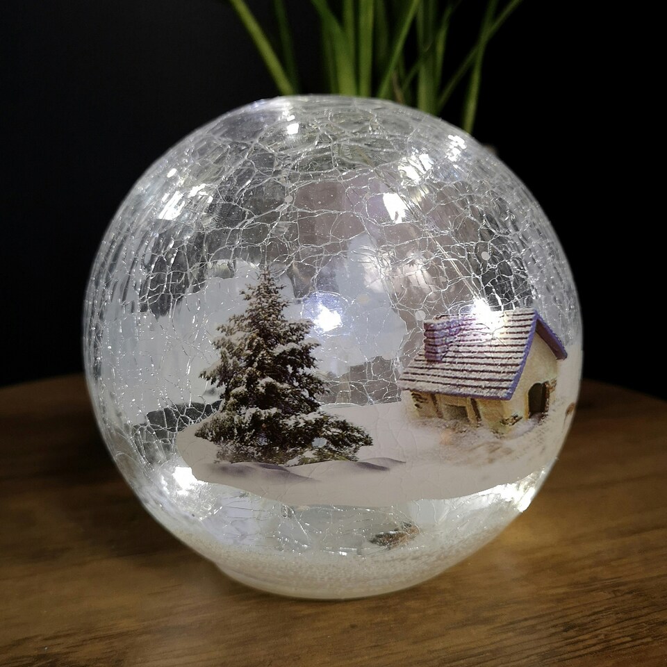 image 1 of 15cm Festive Christmas Crackle Effect Glass Lodge Scene LED Light Ball