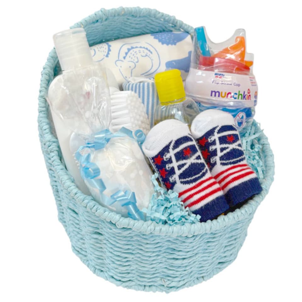 image 1 of Baby Boy Gift Hamper Kit - Blue Bassinet Basket (25cm) with Blue Gift Wrap Accessories