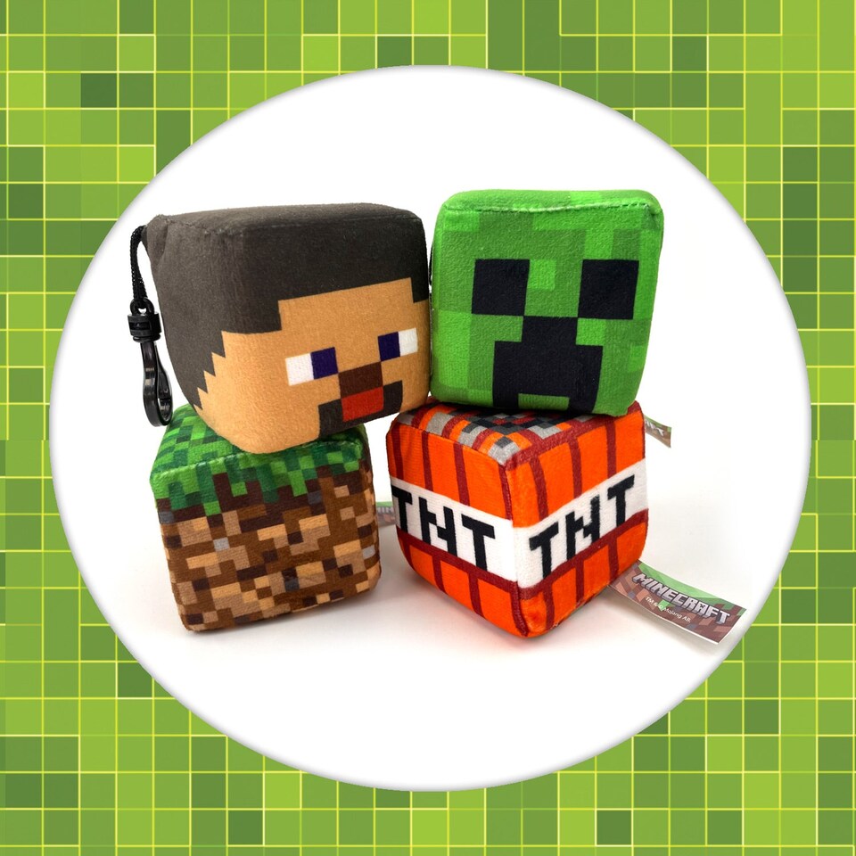 image 1 of VFM e-Store Minecraft Clip-On Plush Set - Steve, Creeper, TNT & Land Block - 8cm