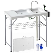 Outsunny Folding Fish Cleaning Table Camping Sink Table with Faucet, White | White | White | 108L x 58W x 92H cm