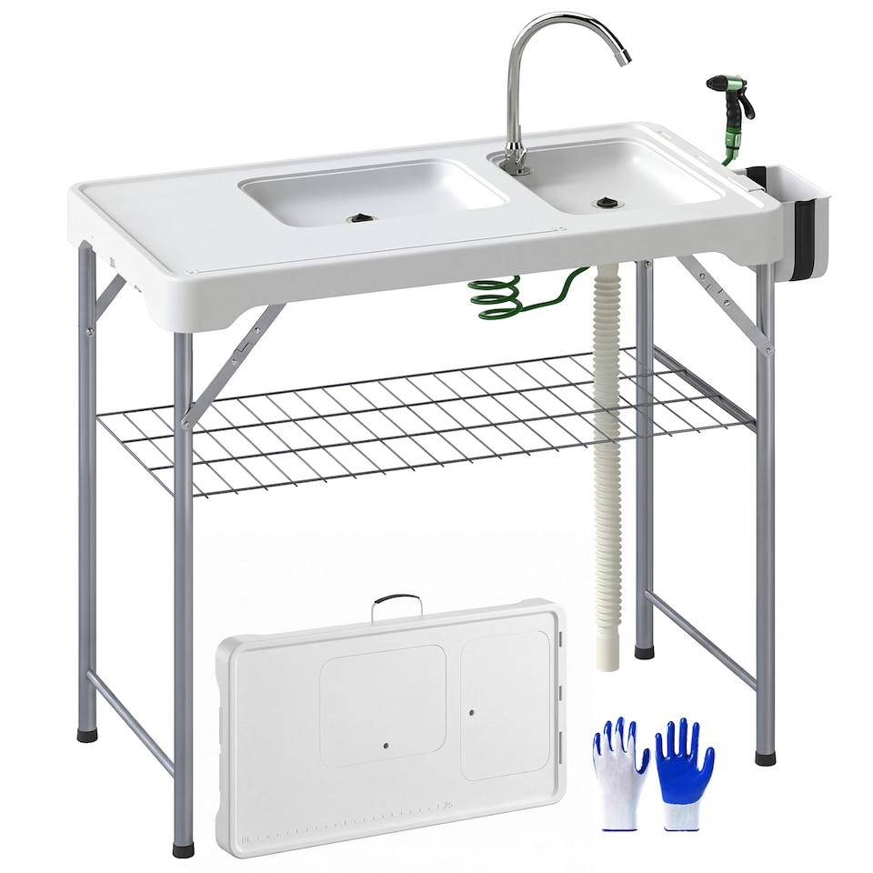 image 1 of Outsunny Folding Fish Cleaning Table Camping Sink Table with Faucet, White | White | White | 108L x 58W x 92H cm