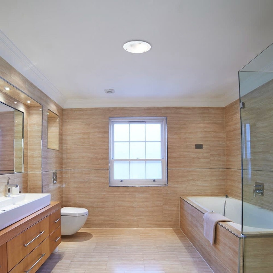 image 1 of ValueLights Round White Opal Glass IP44 Bathroom Flush Ceiling Light and Warm Bulb