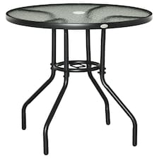 Outsunny 80 cm Round Dining Table with Parasol Hole, Outdoor Coffee End Side Table with Tempered Glass Top, Steel Frame for Garden, Black