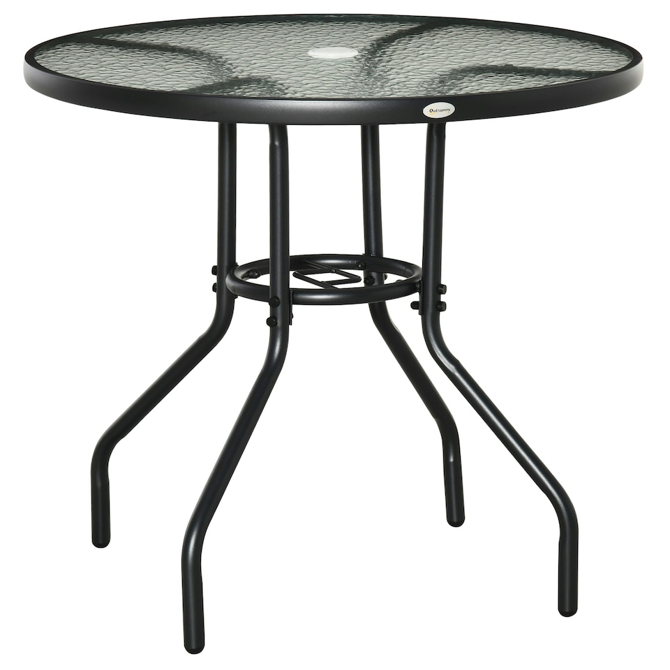 image 1 of Outsunny 80 cm Round Dining Table with Parasol Hole, Outdoor Coffee End Side Table with Tempered Glass Top, Steel Frame for Garden, Black