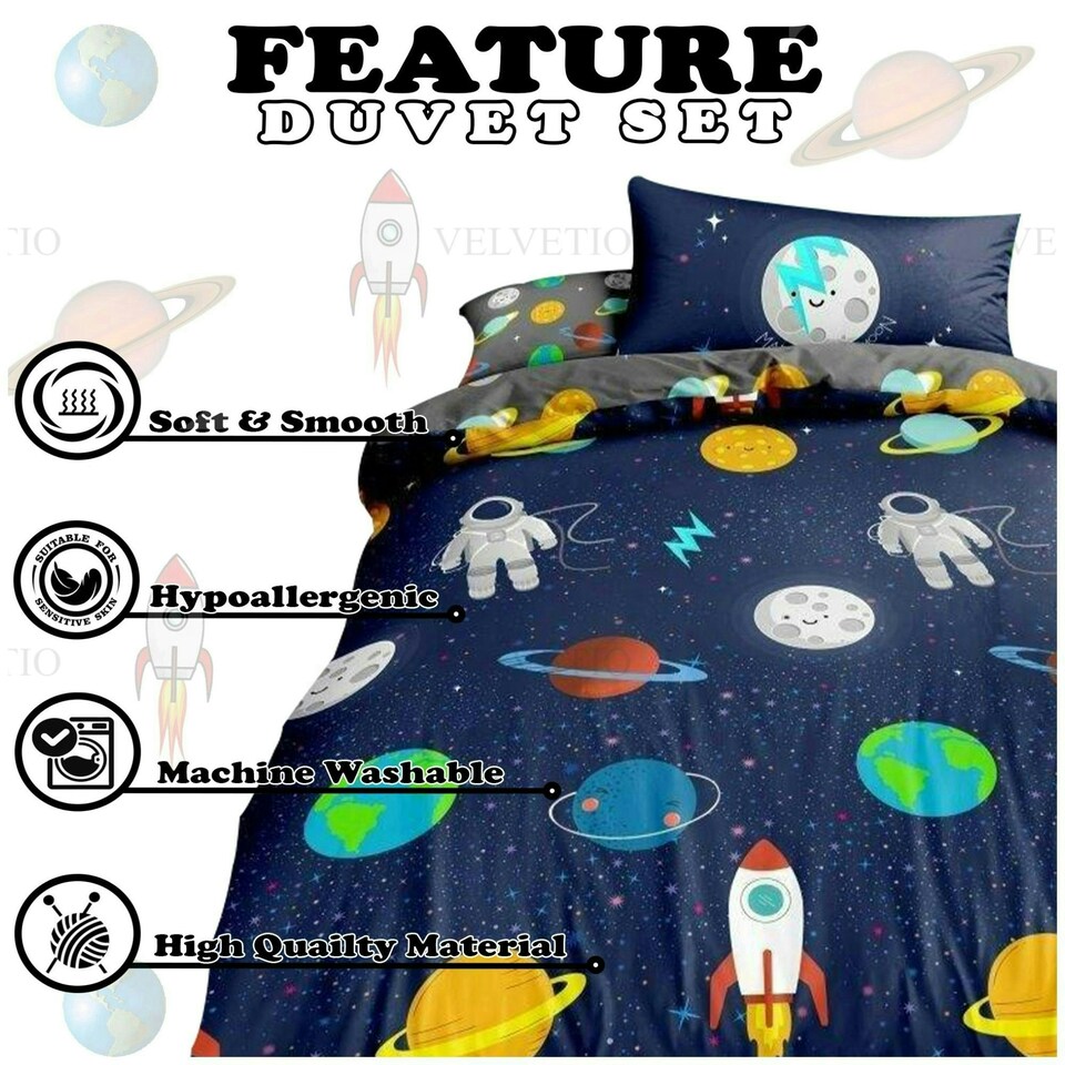 image 1 of VELVETIO Space Duvet Cover Set Reversible Soft Polycotton Kids Beddings Blue | Navy | Double