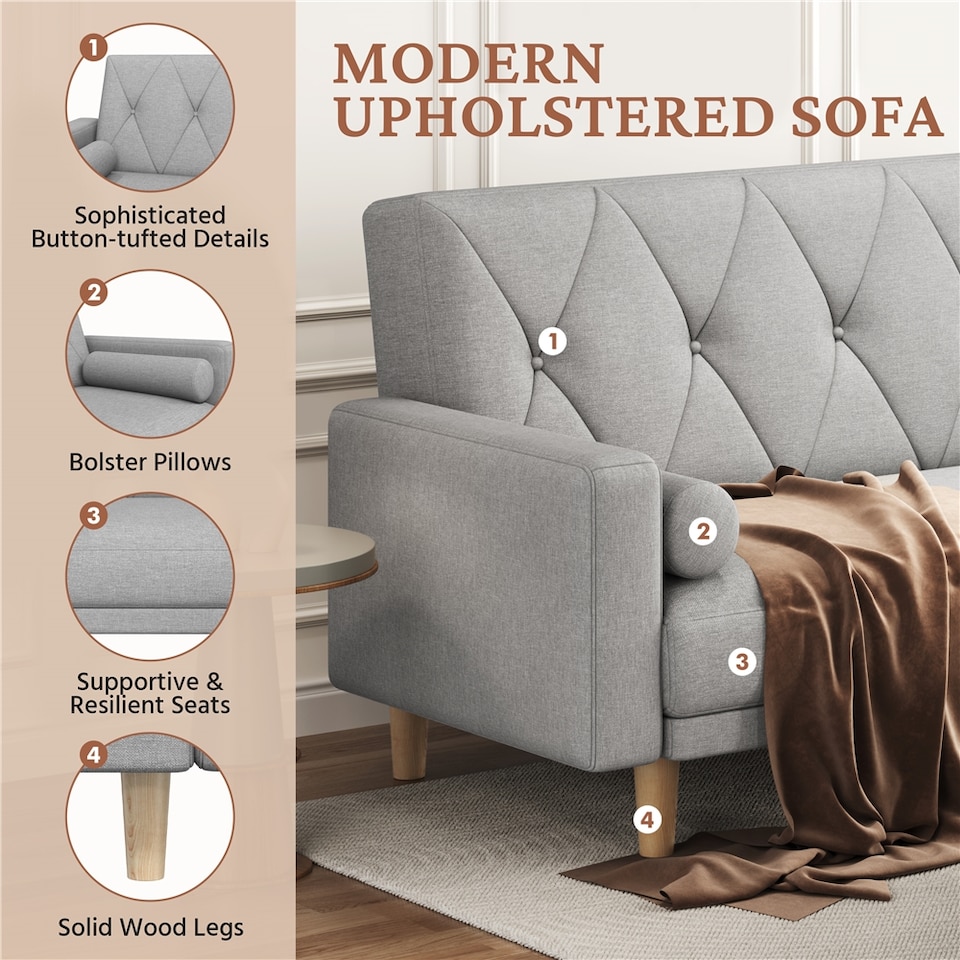 image 1 of Yaheetech Fabric Convertible Sofa Bed with 2 Bolster Pillows-Light Grey