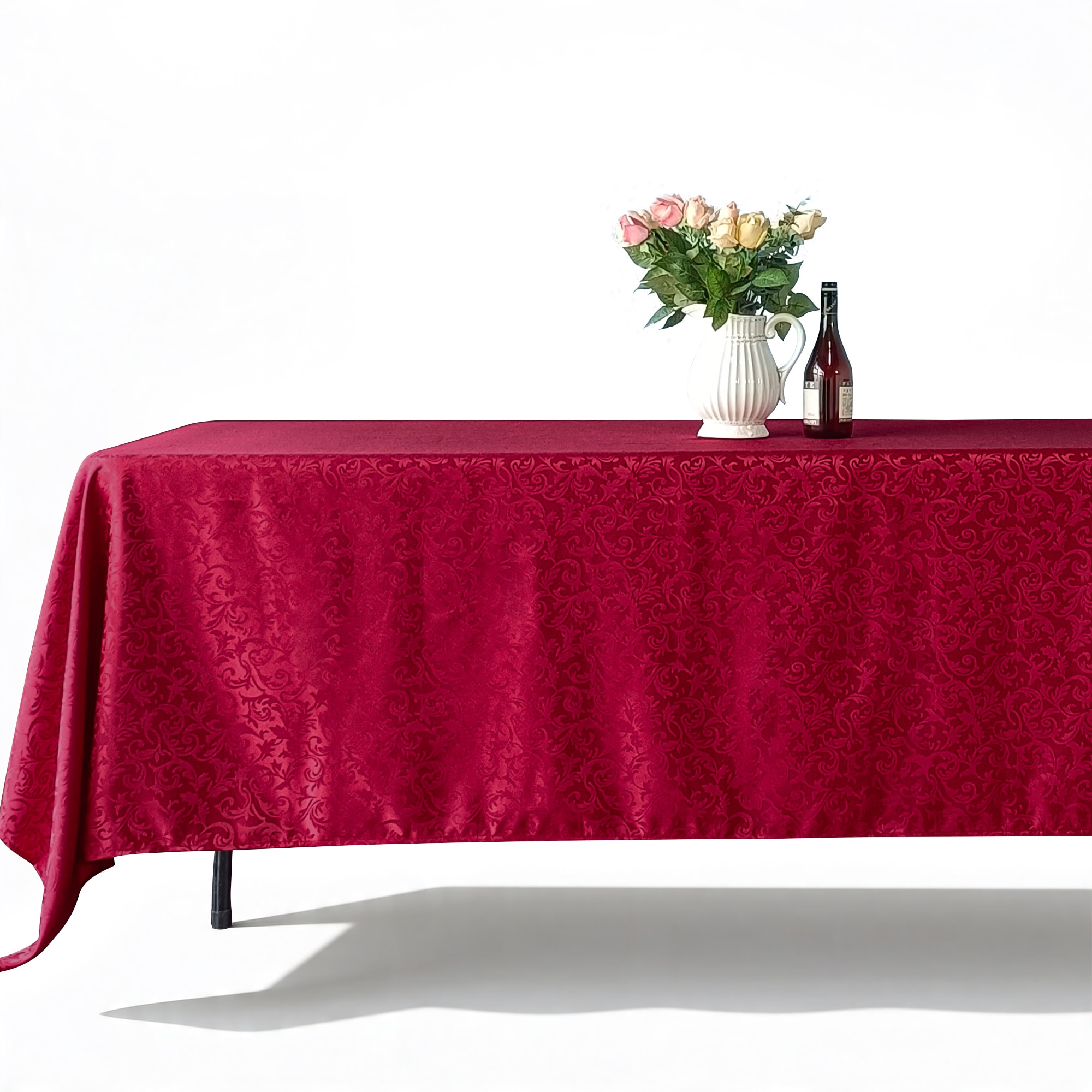 Neel Blue Rectangular Damask Table Cloth, Branch Swirl Pattern Dinner Table Cover in Red