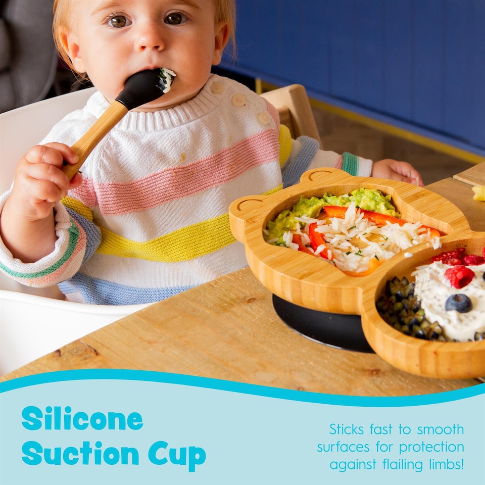 image 1 of Tiny Dining 3pc Bamboo Suction Feeding Set - Penguin/Red - Divided Non-Slip Bamboo Baby Self-Feeding Dining Weaning Set