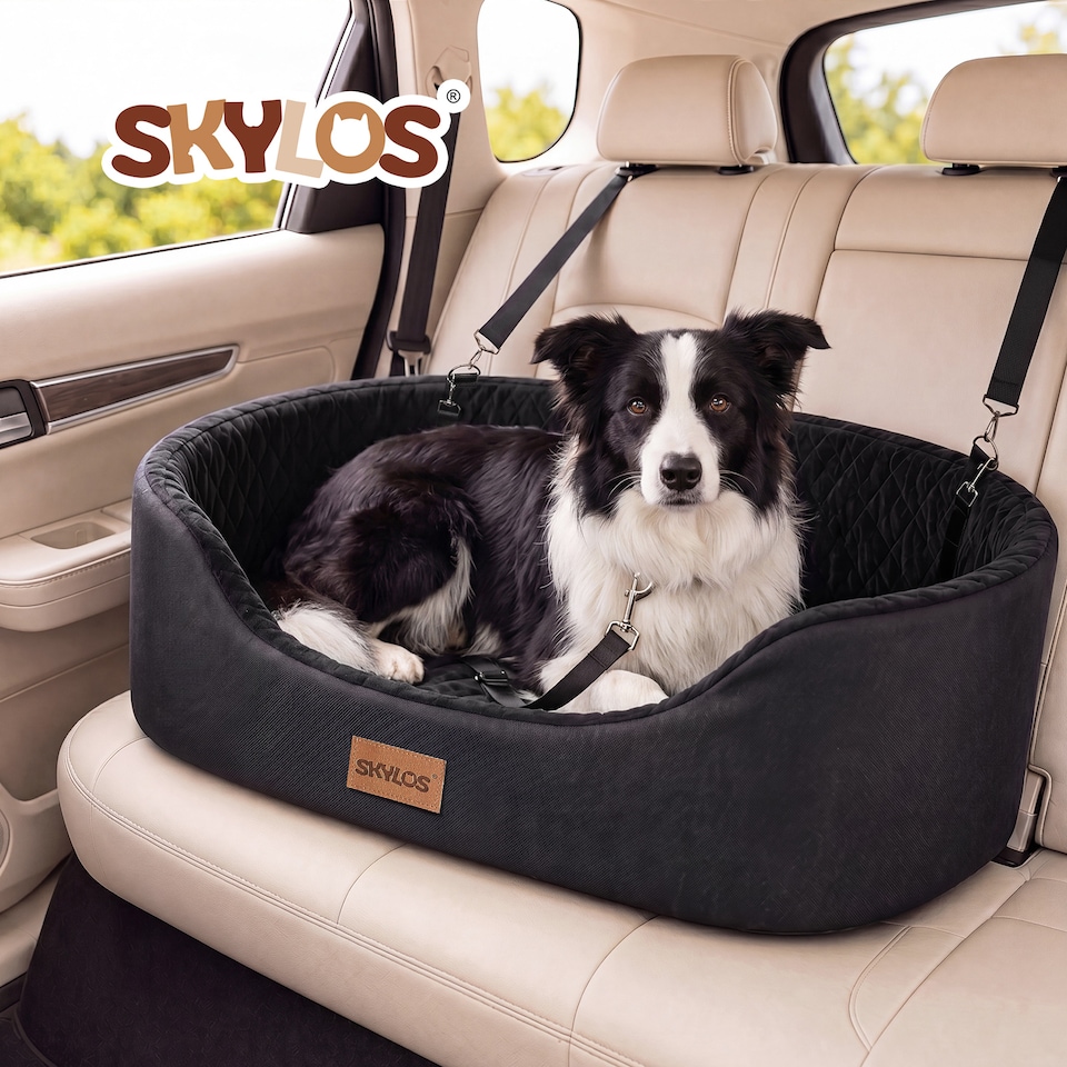 image 1 of Skylos Dog Car Seat Large Booster Bed for Cars Travel SUV Black Soft Oxford