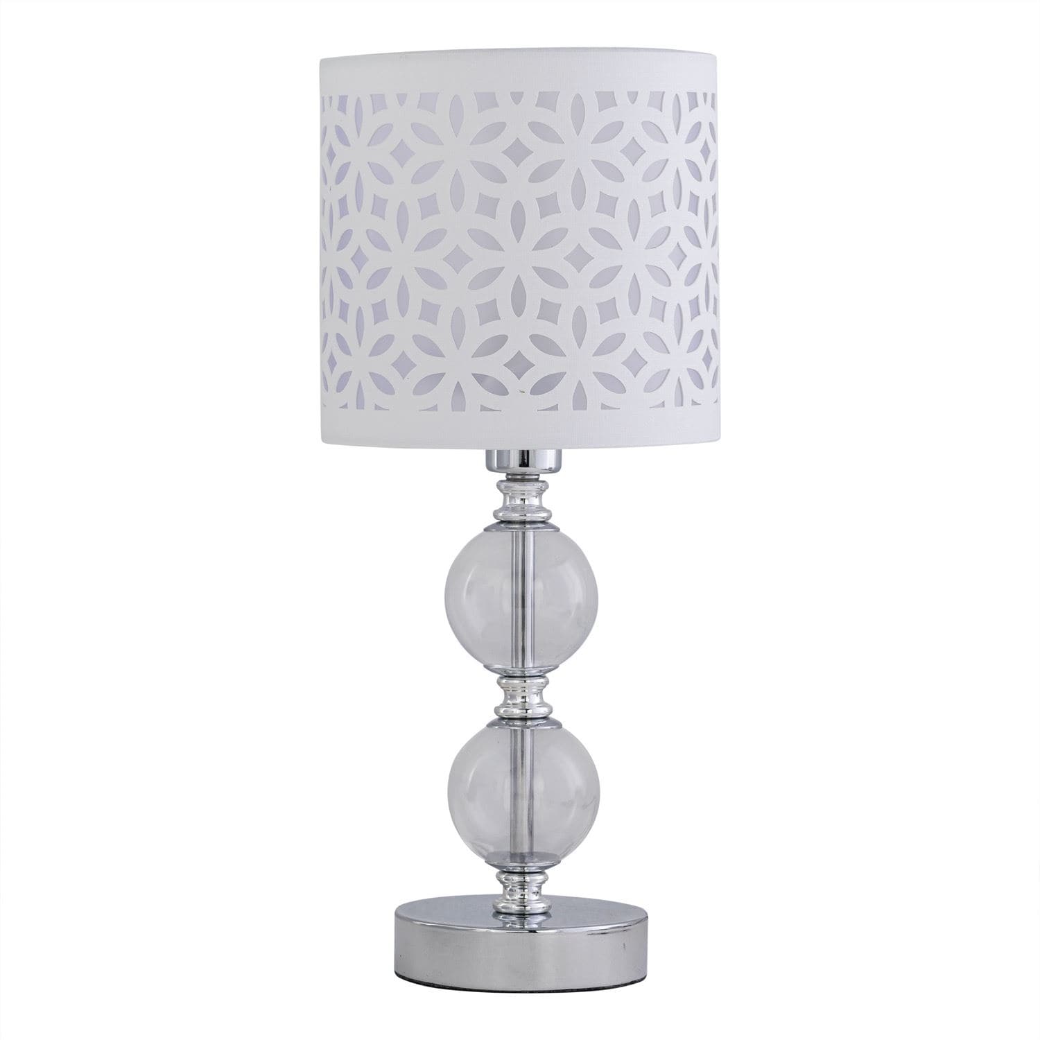 First Choice Lighting Chrome Two Ball Table Lamp with White Cut Out Shade in Silver
