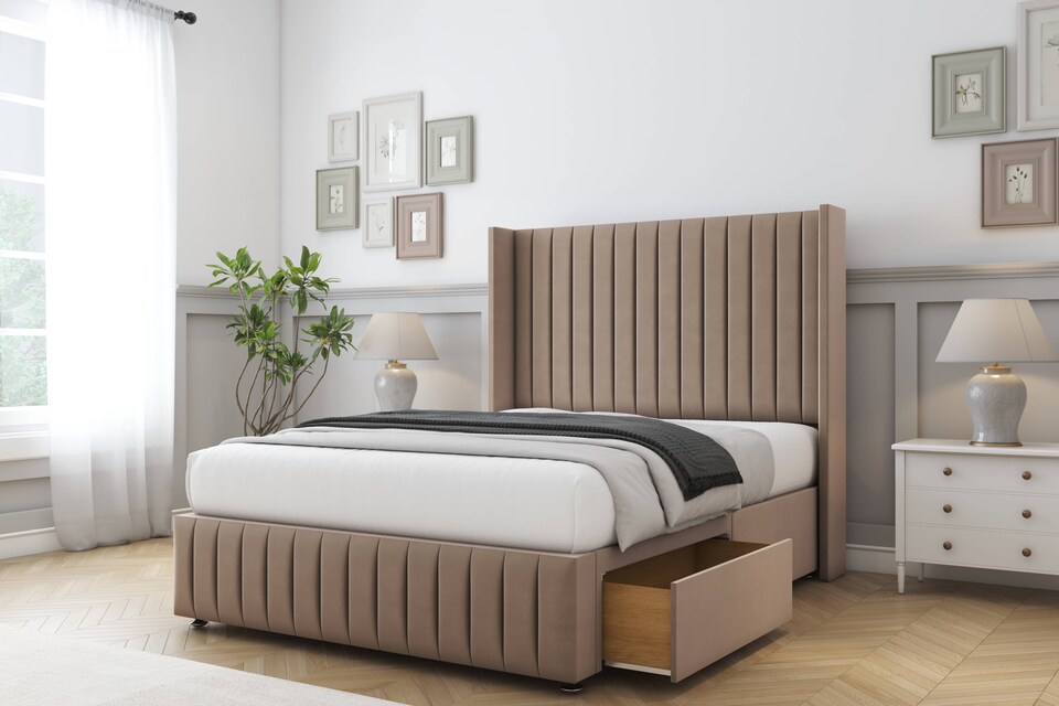 image 1 of Sloomy Marlborough Mink Plush Divan Bed Base No Drawers With 54 Inch Wingback Headboard & 12 Inch Matching Footboard | Brown | Mink | Super King | 1