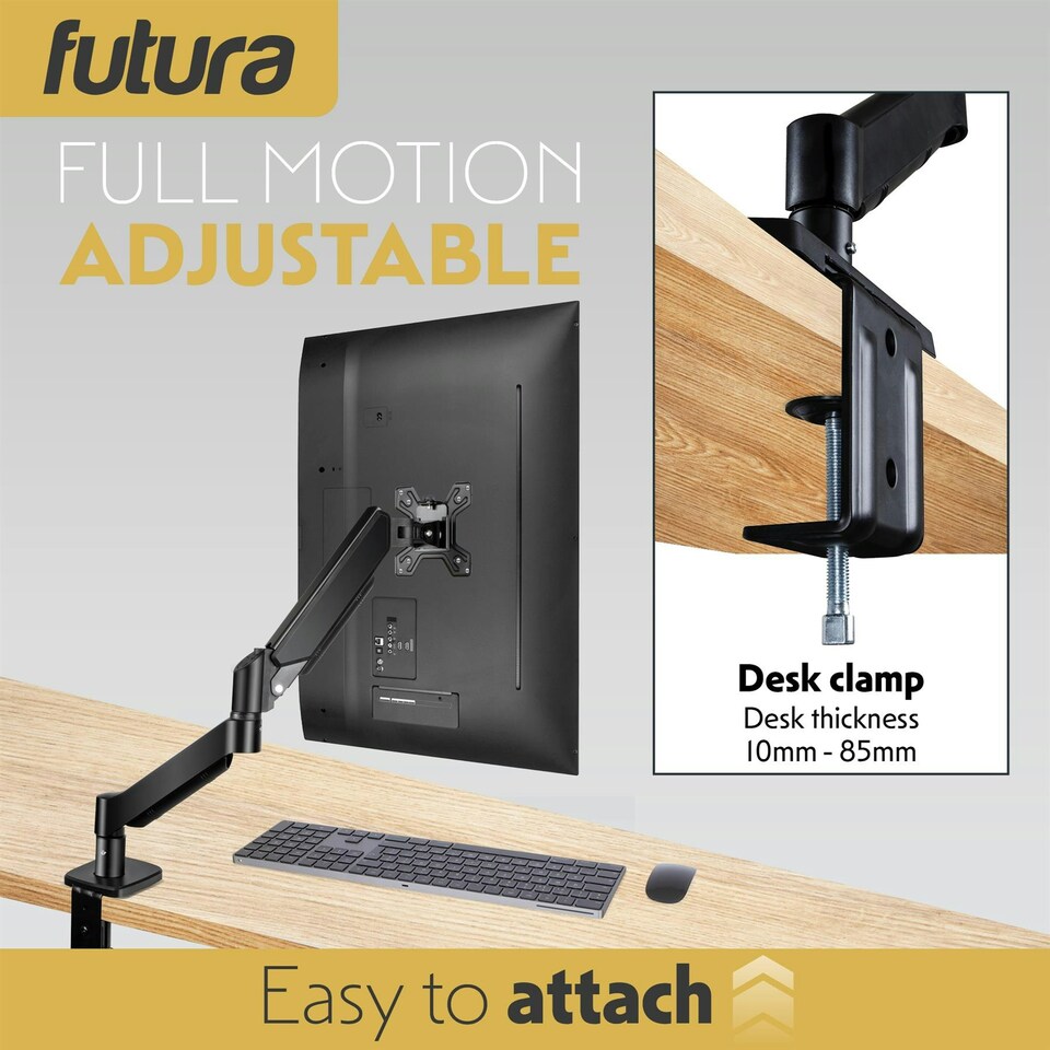 image 1 of Futura Single Monitor Arm Desk Mount, Gas Spring Adjustable Stand for 13-32 Inch Screens | Black | Black | 1