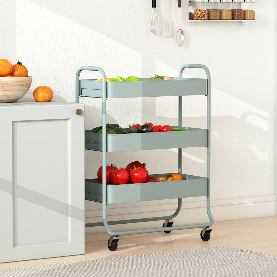 image 1 of HOMCOM 3-Tier Storage Trolley on Wheels, Rolling Utility Cart with Mesh Backets, Mobile Storage Cart for Kitchen, Bathroom, Bedroom, Light Green | Green | Green