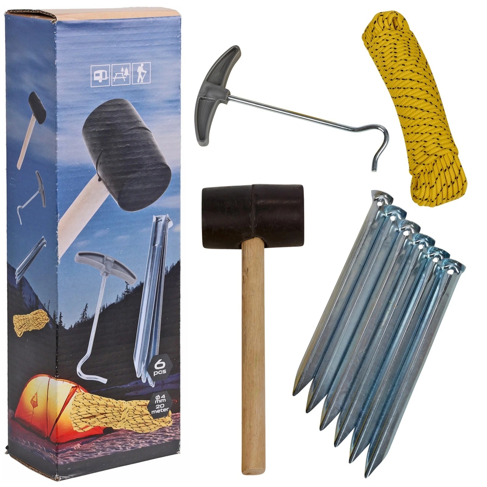 9pc Camping Tent Peg Set with Mallet Hammer Rope & Peg Puller