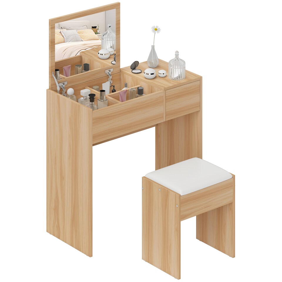 image 1 of HOMCOM Dressing Table with Flip-Up Mirror and Cushioned Stool, Makeup Vanity Desk with Hidden Compartments and Storage Drawer, Convertible Writing Table for Bedroom, Natural