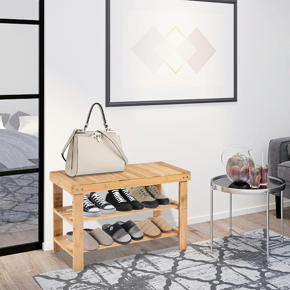image 1 of COSTWAY 3-Tier Bamboo Shoe Bench Shoe Organizer Entryway Natural | Multi