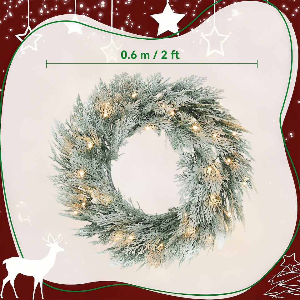 image 1 of HOMCOM 60 cm Prelit Christmas Wreath, Flocked Front Door Wreath with Timer