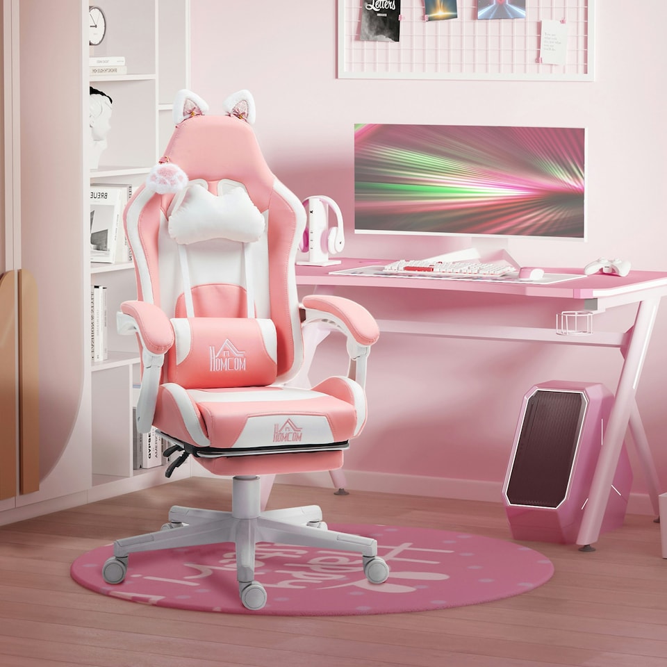 image 1 of HOMCOM Gaming Chair with Footrest, Reclining Computer Chair, Pink