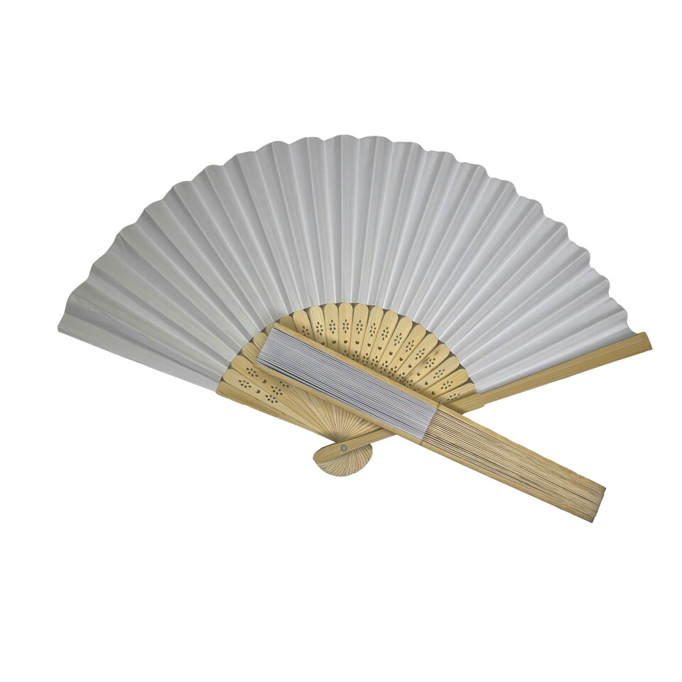 image 1 of White Paper Foldable Hand Held Bamboo Wooden Fan by Parev