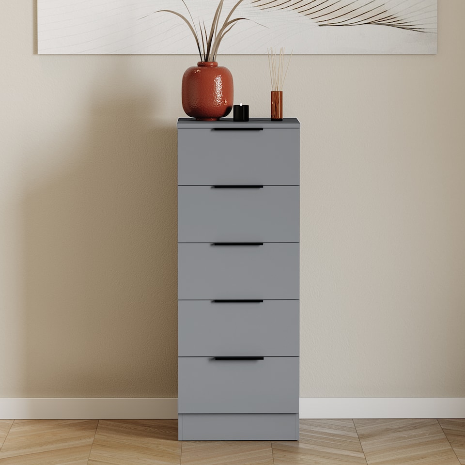 image 1 of Vida Designs Trega 5 Drawer Tall Narrow Chest of Drawers Bedroom Storage Unit - Grey