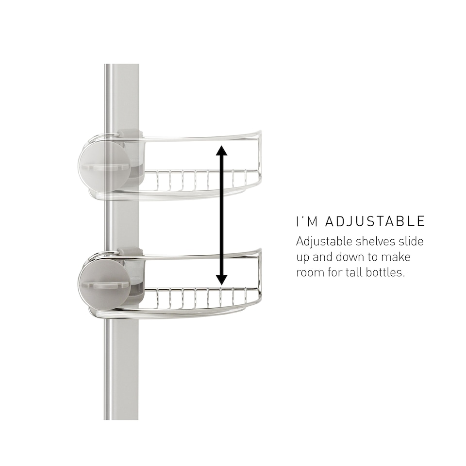 image 1 of Simplehuman Medium Tension Shower Caddy with Adjustable Shleves, Extends 1.5 to 2.4m | Silver | Matt Stainless Steel + Anodised Aluminium | Medium | 1