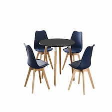 5PCs Dining Set - a Black Round Dining Table & Set of 4 White Lorenzo Tulip chairs with Padded Seat | Blue