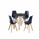image 1 of 5PCs Dining Set - a Black Round Dining Table & Set of 4 White Lorenzo Tulip chairs with Padded Seat | Blue