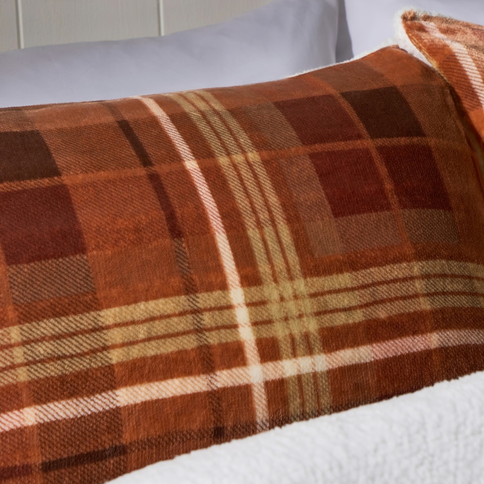 image 1 of OHS Autumnal Check Print Soft Cosy Warm Plush Fleece Duvet Cover and Pillowcase Bedding Set Orange | Rust | Super King