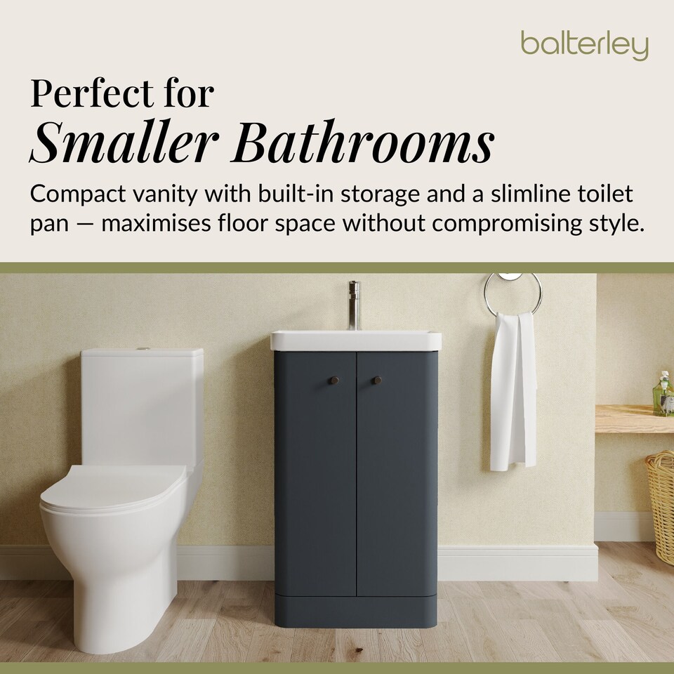 image 1 of Balterley Contemporary Floor Standing 2 Door Bathroom Vanity Unit, Basin, Tap & Toilet Pack | Grey | Satin Soft Black | 814 x 479 x 342mm