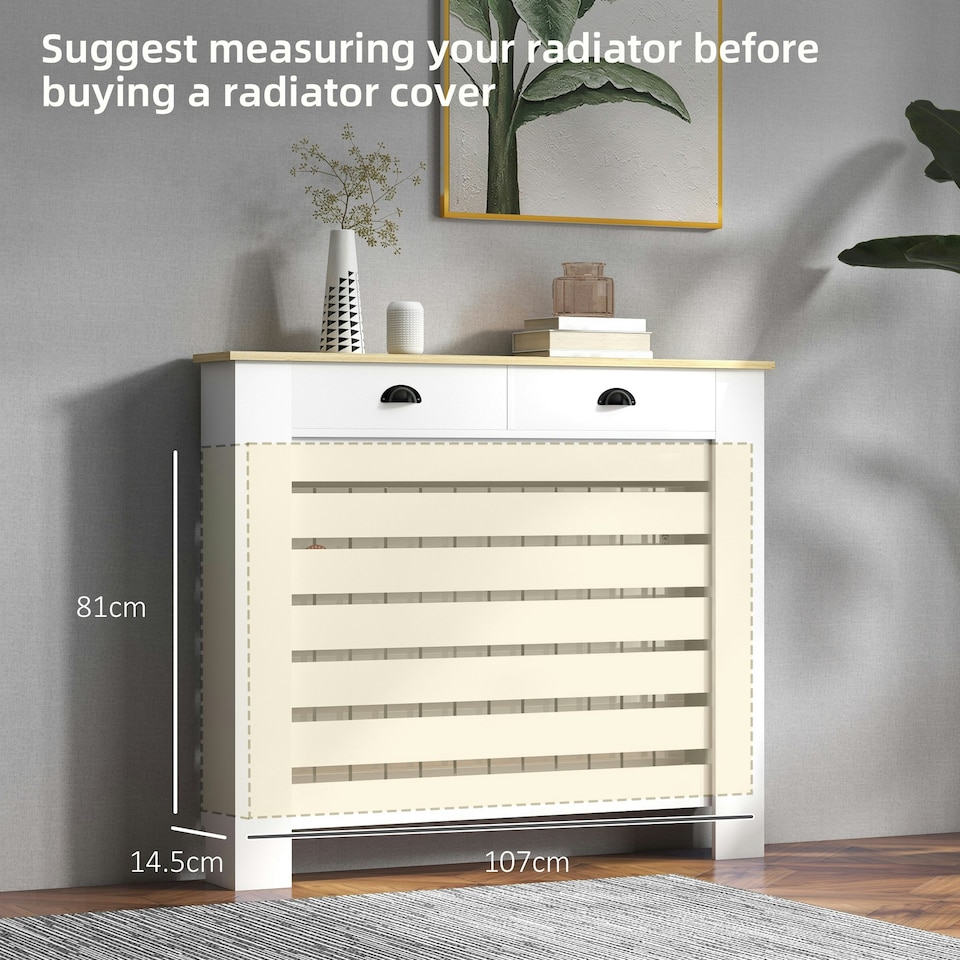 image 1 of HOMCOM Radiator Cover with Drawer, Horizontal Slat, 111cm, White