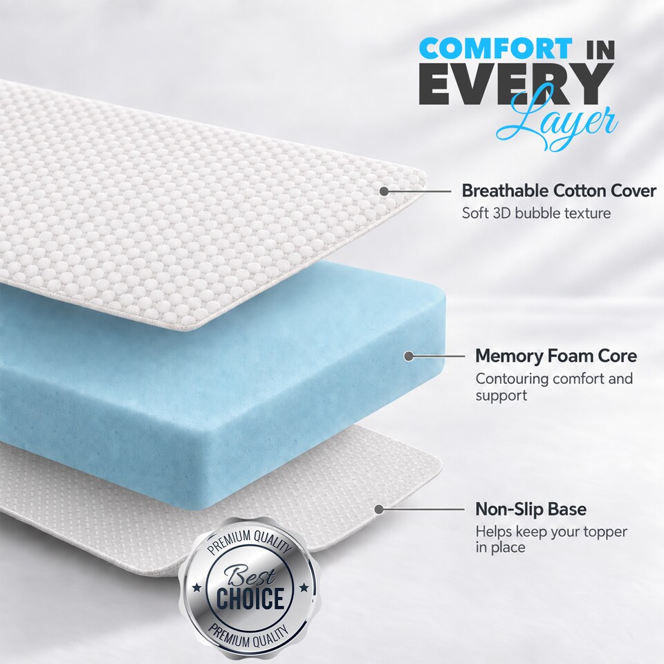 image 1 of Memory Foam Mattress Topper 3D Bubble Cover | Non-Slip Base | 7.5cm Thick | 135 x 190cm | Double