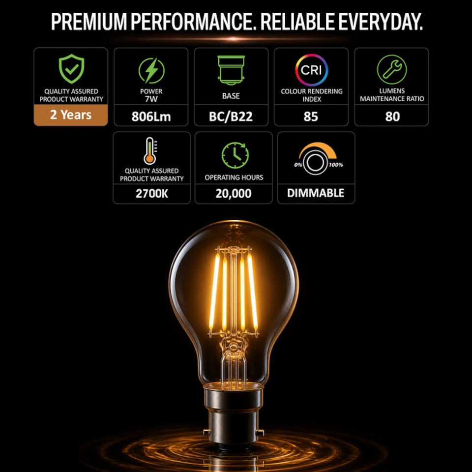image 1 of BELL Lighting B22 Dimmable LED Filament GLS 7W Light Bulbs Warm White 2700K