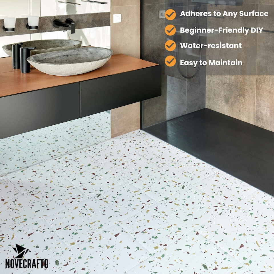 image 1 of NOVECRAFTO Vinyl Floor Tiles Self Adhesive – 12x24in Peel and Stick Rectangular Flooring for Kitchen, Bathroom & Living Room – White Terrazzo Look with Flecks White | 3.71 sqm