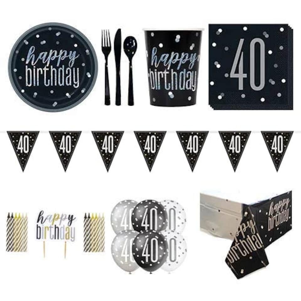 Black Glitz 40th Birthday 8 Person Deluxe Party Pack