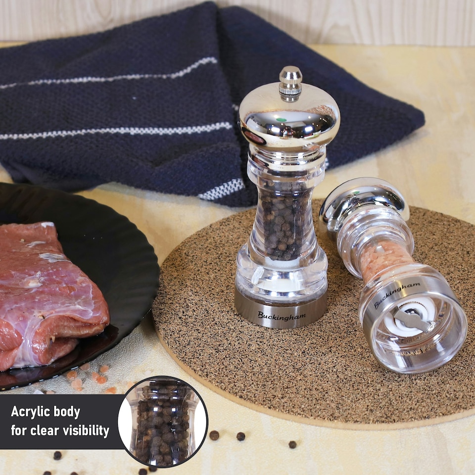 image 1 of Buckingham Clear Acrylic Classic Salt & Pepper Mill Set with Stainless Steel Band
