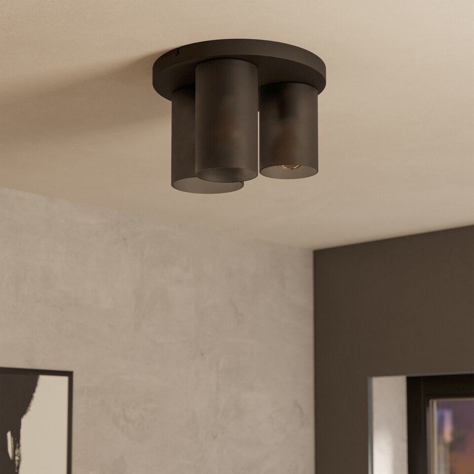 image 1 of EGLO Colomera Black Glass & Steel Flush Mount Ceiling Light