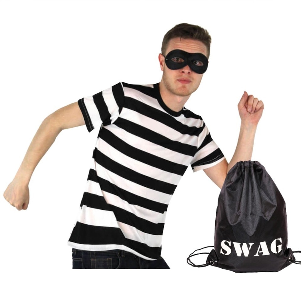 image 1 of Storybook Burglar Costume - Short Sleeve Top, Mask & Swag Bag Black | 2XL