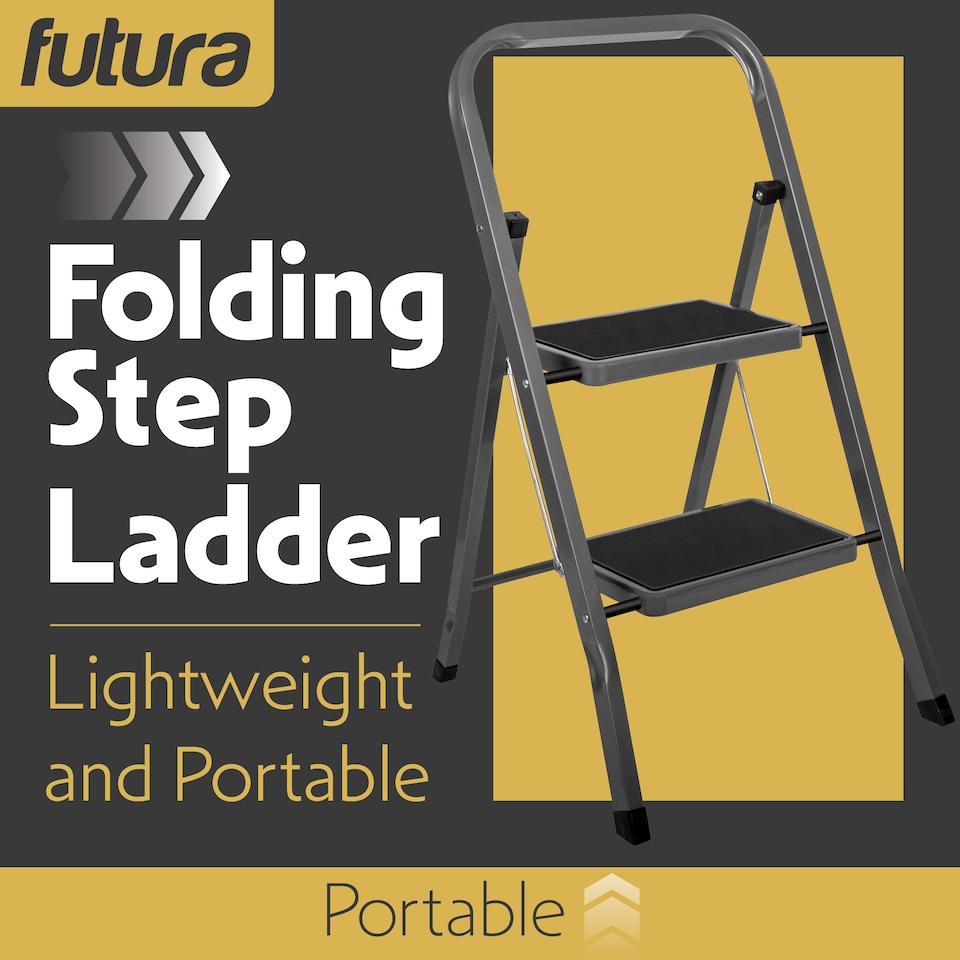 image 1 of Futura 2 Step Ladder Grey, Heavy-Duty Steel Folding Home DIY Step Stool with Wide Non-Slip Steps & Anti Slip Feet 150kg Capacity