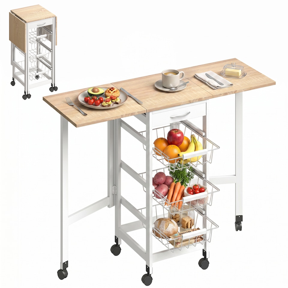 image 1 of HOMCOM Drop-Leaf Kitchen Trolley w/ 3 Baskets Drawer Surface Top 6 Wheels White
