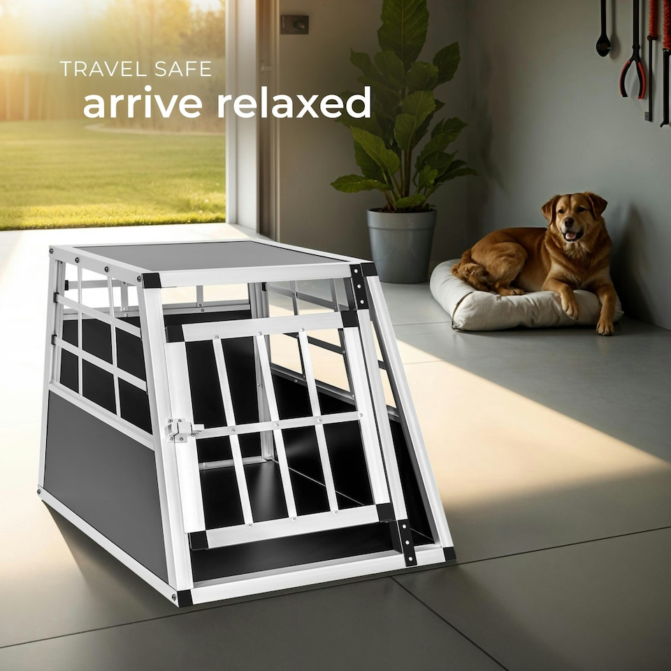 image 1 of Aluminium Pet Car Crate Travel Cage Dog Puppy Cat Transport Kennel 2 sizes - 69x54x50cm